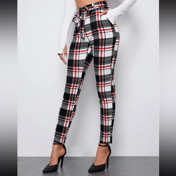Self Belted Plaid Skinny Pants - Picture 1 of 2
